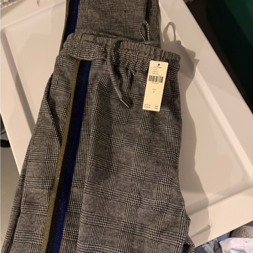 Maeve Gray Plaid Track Joggers with Metallic Side Stripes